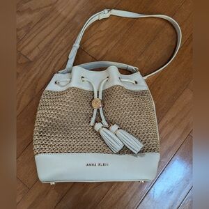 Anne Klein Cream and Tan Straw Drawstring Bucket Bag